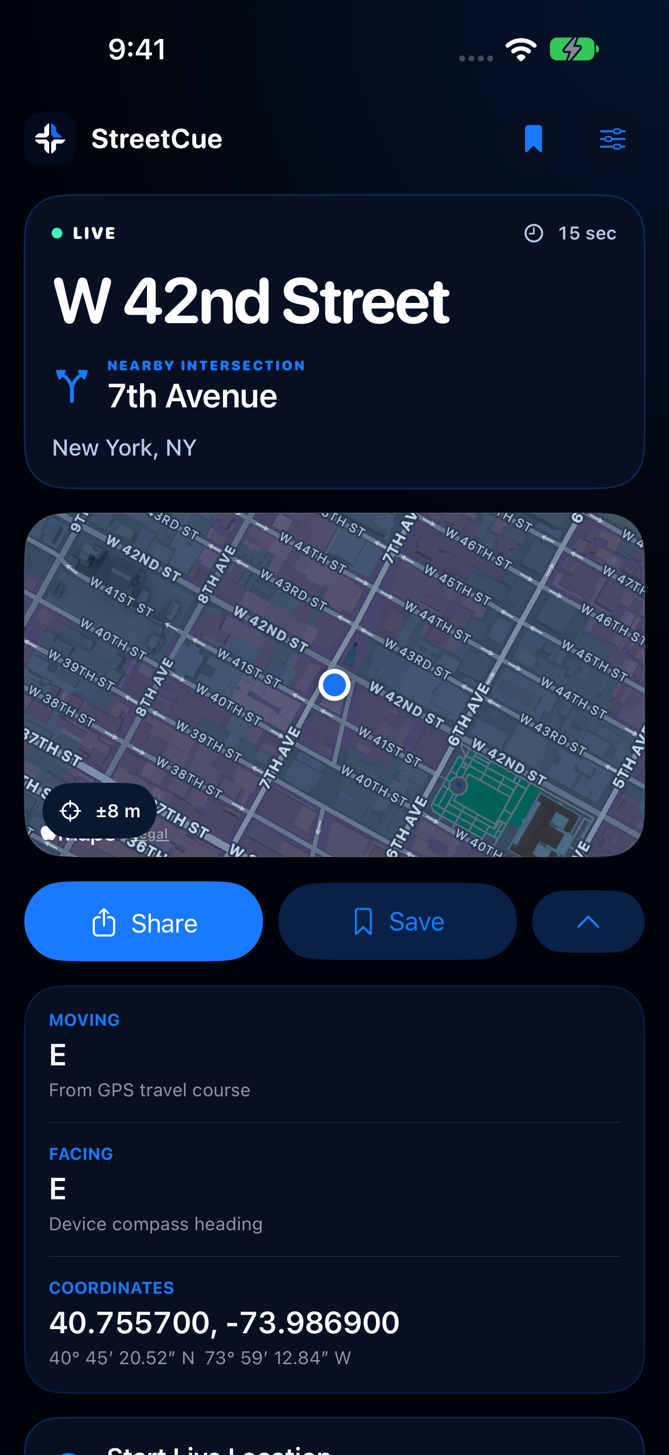 Native iPhone detail view showing Moving, Facing, and coordinates in decimal degrees and degrees, minutes, and seconds.
