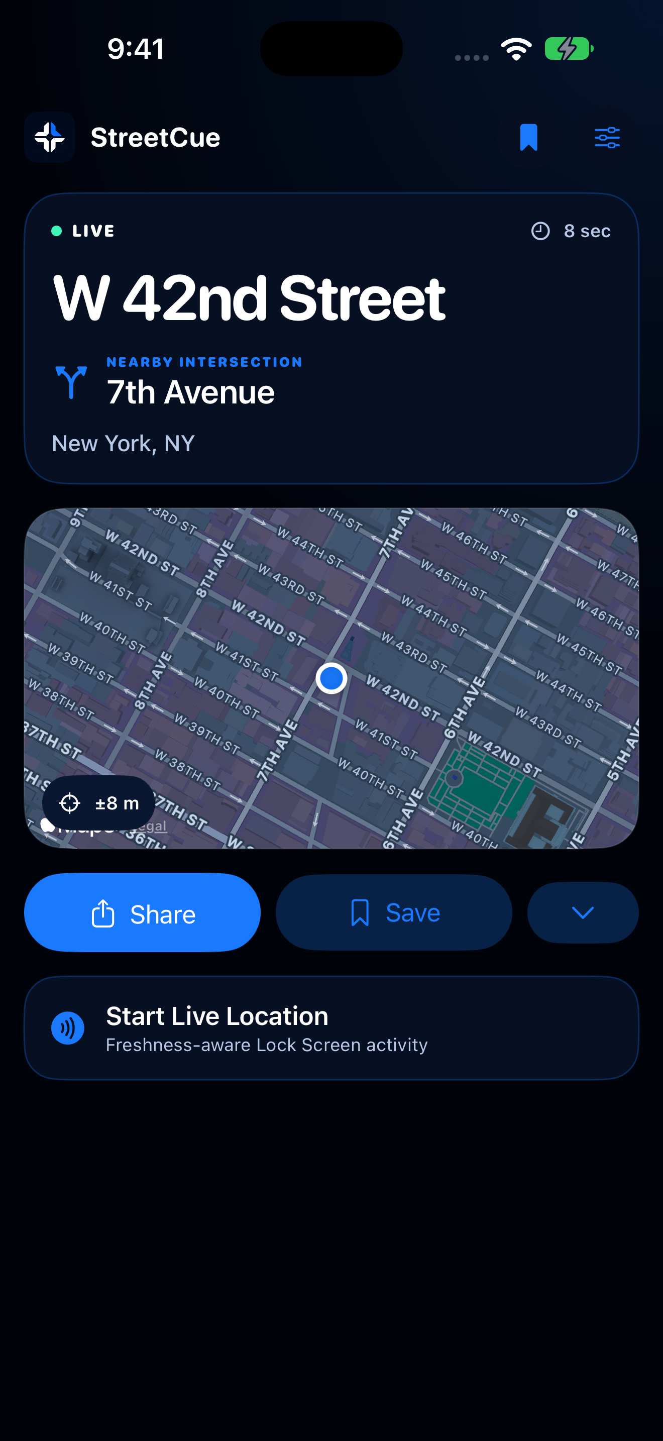 StreetCue iPhone development screen with street and nearby intersection, a map, accuracy, Share, and Save.
