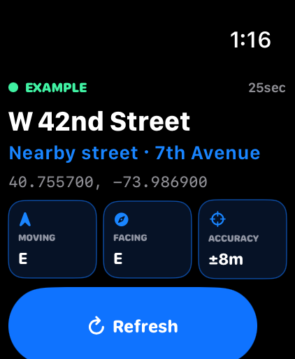 Native StreetCue Watch app displaying an explicitly labeled example location, nearby street, coordinates, direction, accuracy, and Refresh.